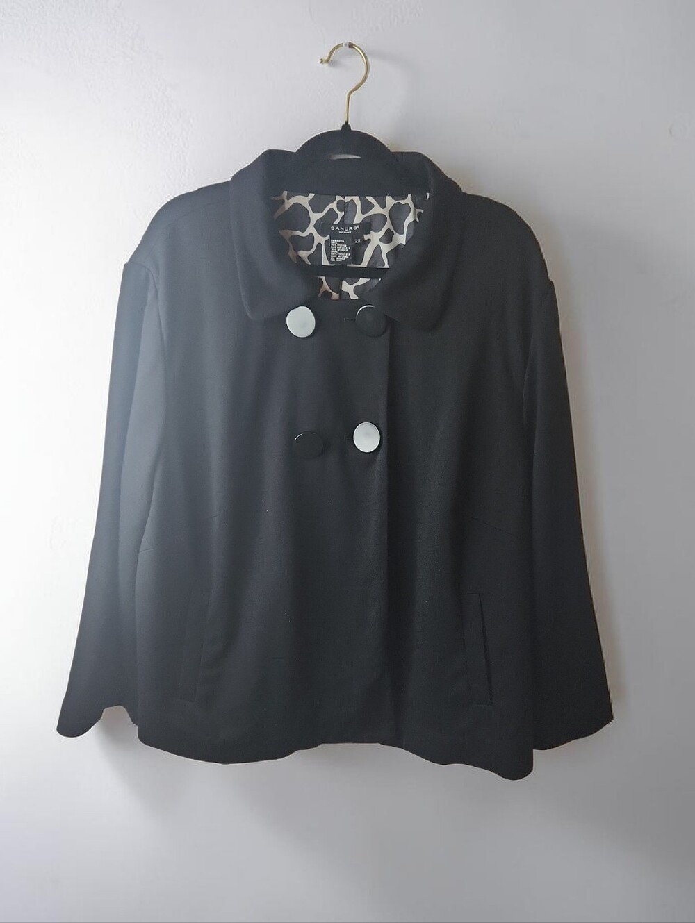 Sandro Vintage Black Double-Breasted Cropped Box-Cut Swing Jacket Size 2X